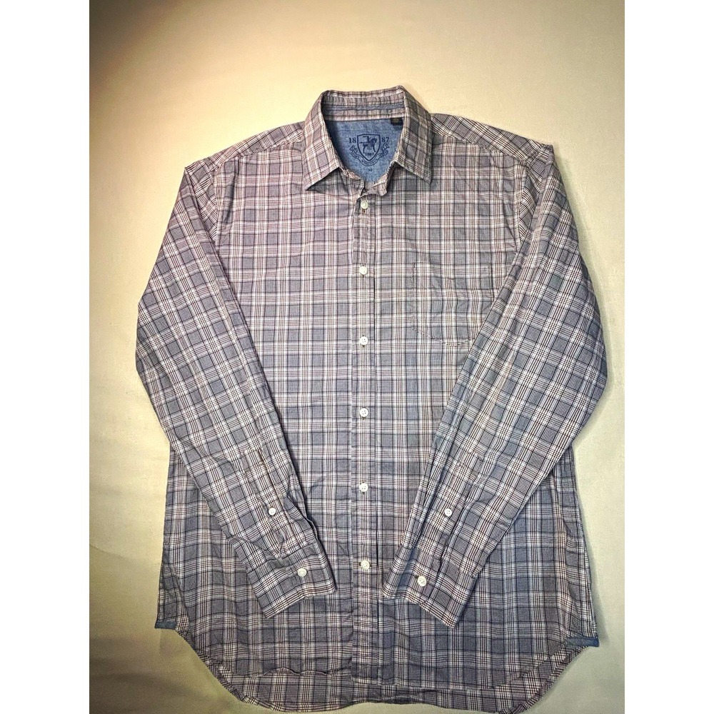 Hart Schaffner Marx Mens M Cotton Gray/Brown Plaid Woven Point Collar Shirt 0068